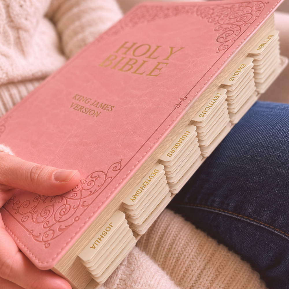 Pink Bible held by a person wearing a beige sweater and blue jeans.