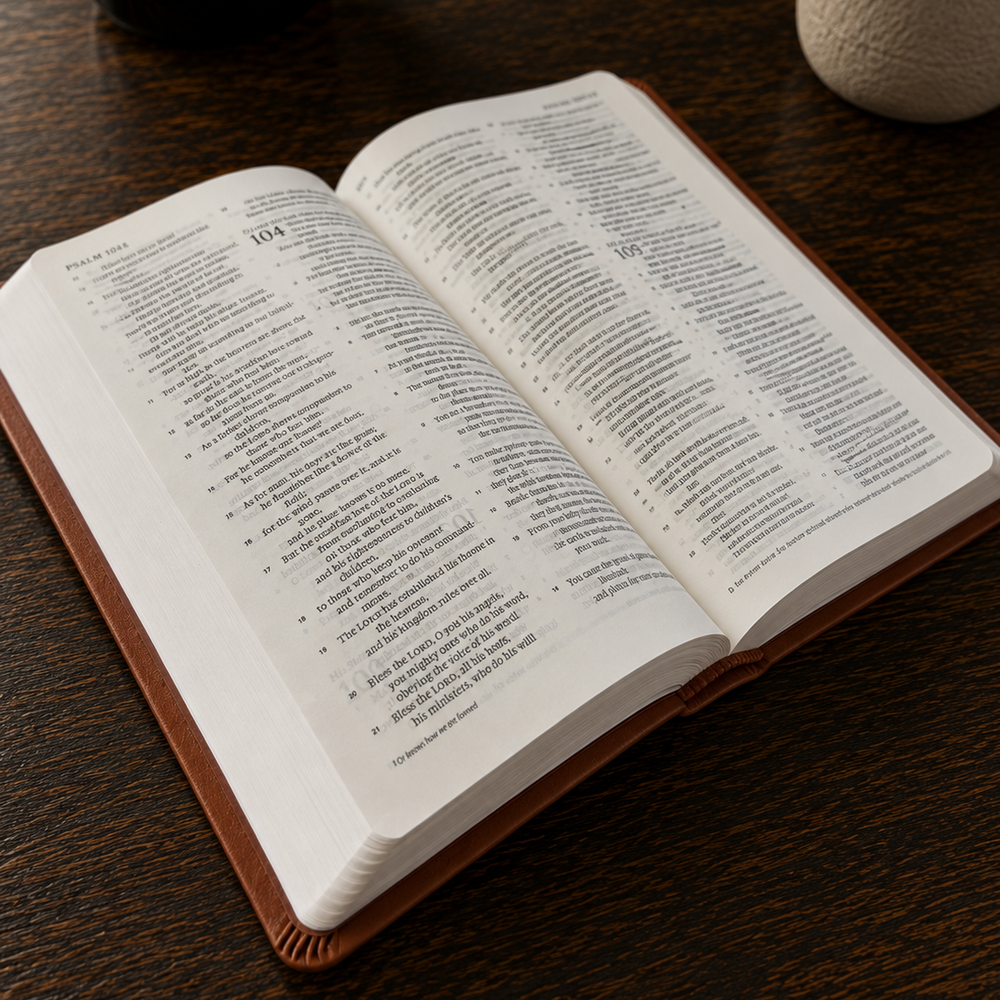 Open esv bible on a wooden surface with a mug and plant in the background
