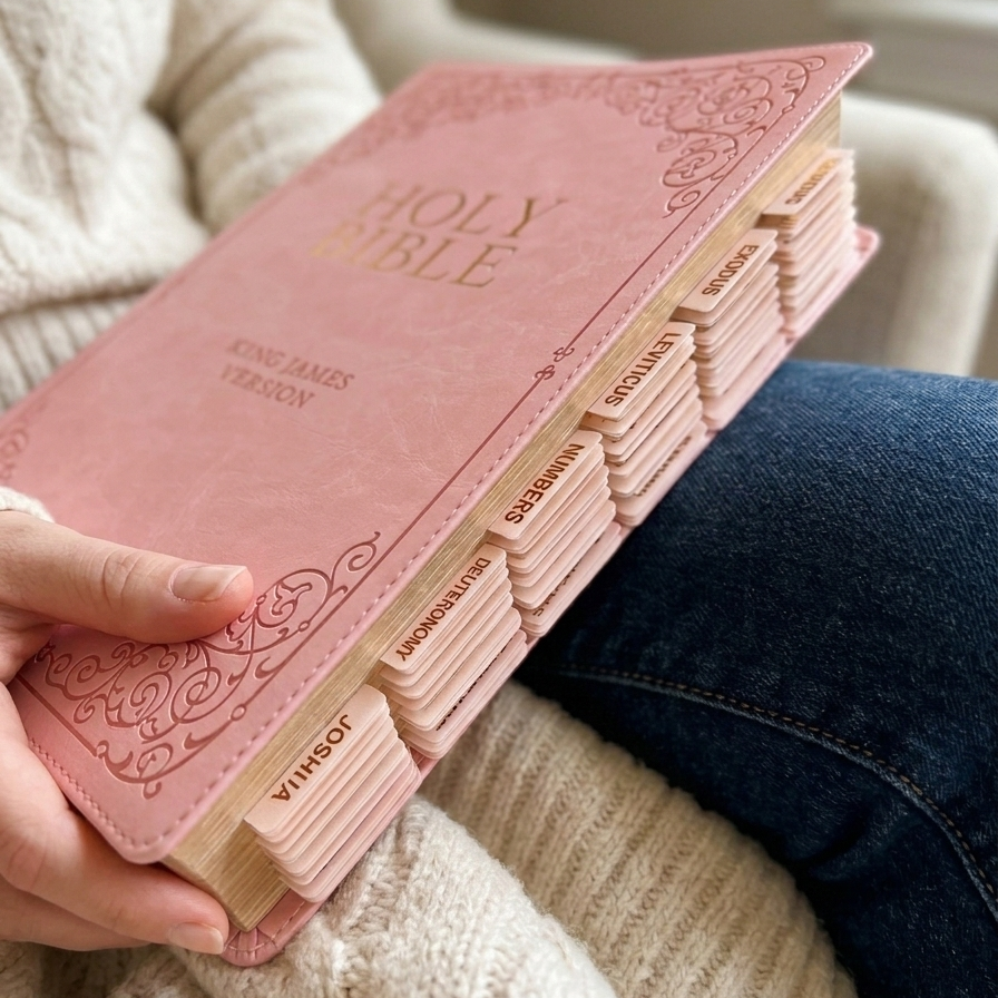 Pink Bible held by a person wearing a beige sweater and blue jeans.