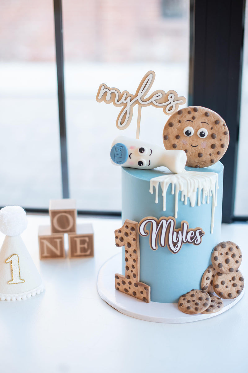 myles cake topper on cookie cake at birthday party