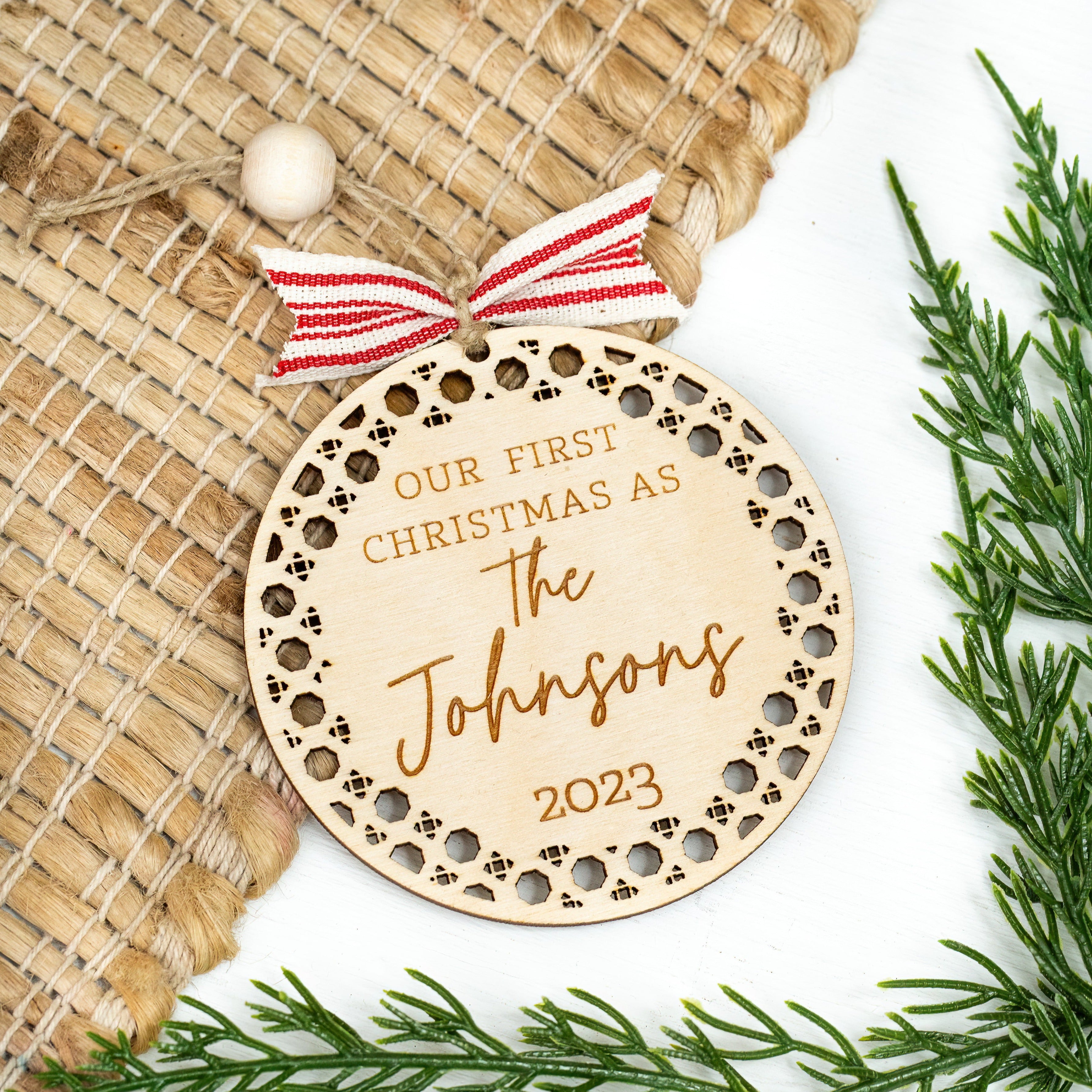 Boho Our First Christmas Ornament 2025 – Harp & Timbrel