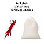 Canvas bag with red velvet ribbons on a white background