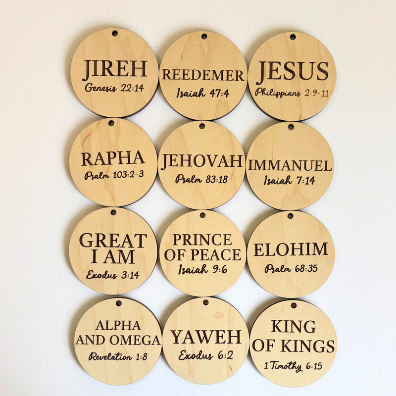 Wooden ornaments with religious text and verses on a beige background