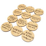 Wooden circular tags with religious text on a white background