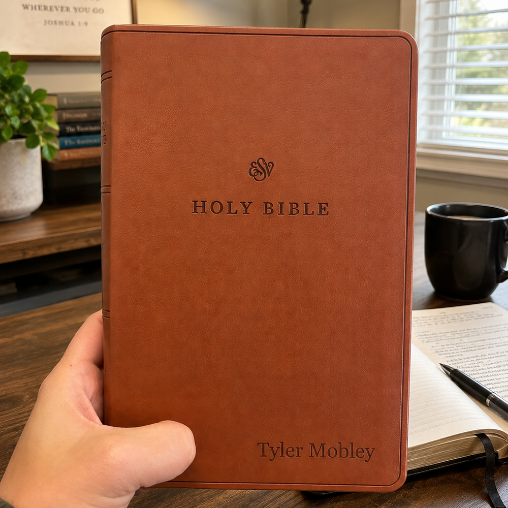 Brown leather Bible held by a hand with a bookshelf and lamp in the background