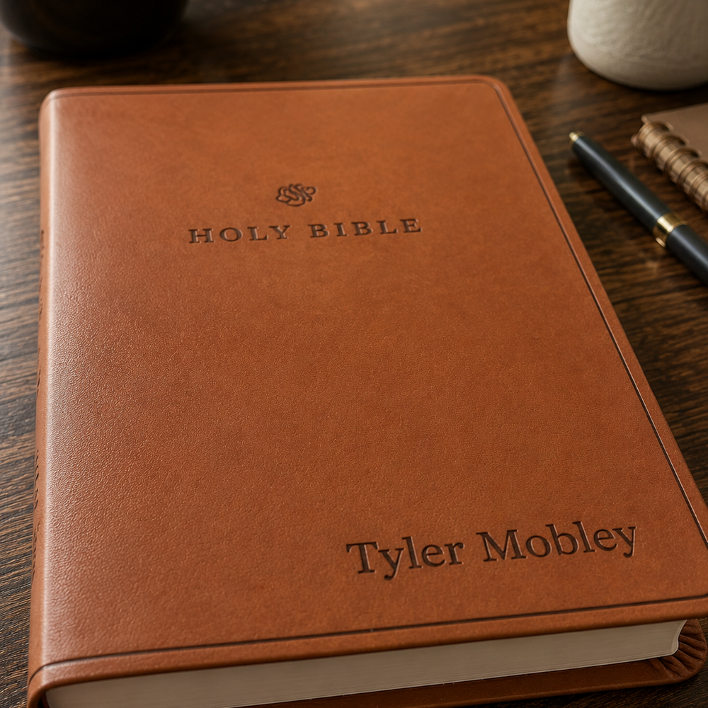 Brown leather-bound Bible with 'Tyler Mobley' engraved, on a wooden surface with a pen and plant.