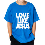 Child wearing a blue t-shirt with 'LOVE LIKE JESUS' text on a white background