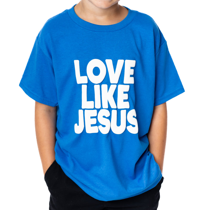 Child wearing a blue t-shirt with 'LOVE LIKE JESUS' text on a white background