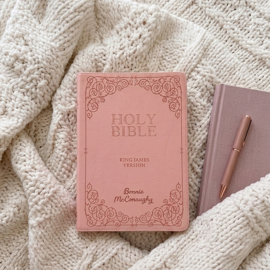 Pink Bible on a textured surface with a pen next to it