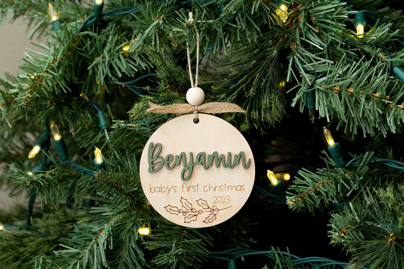 wooden baby's first christmas ornament